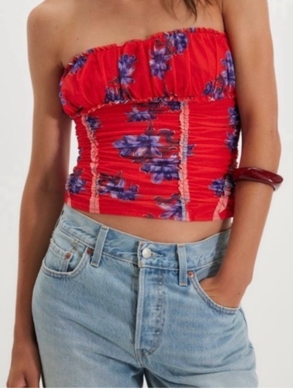 Free People “Scottie” Red Strapless Floral Ruched tube top , M, NWOT